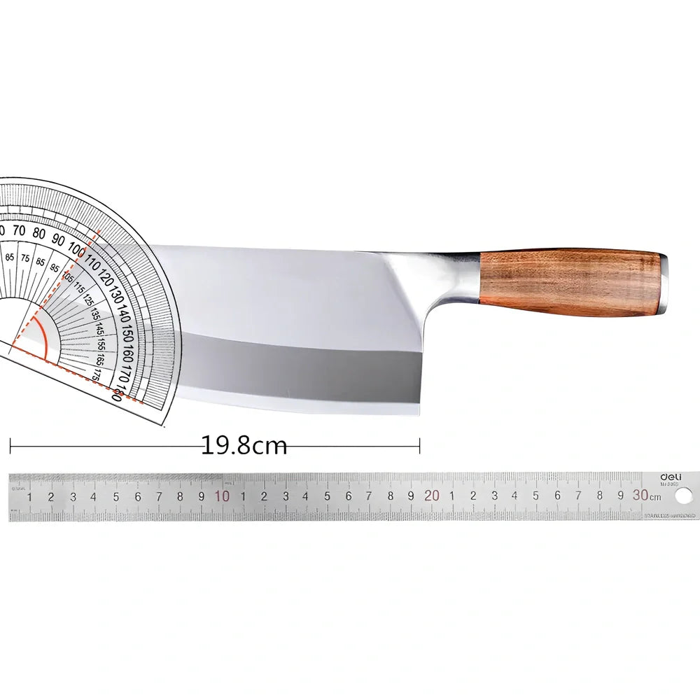 Stainless steel kitchen knife with 19.8cm blade and yellow wooden handle for food preparation