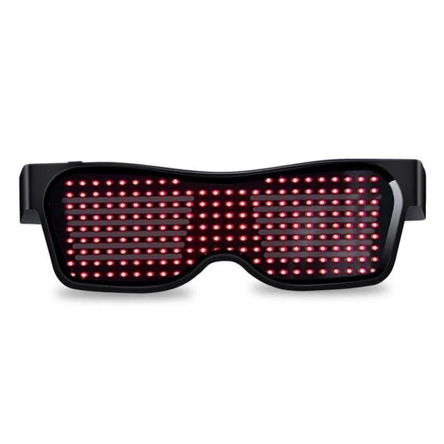 Bluetooth-enabled LED party glasses with dynamic, flashing light effects in multiple vibrant colors