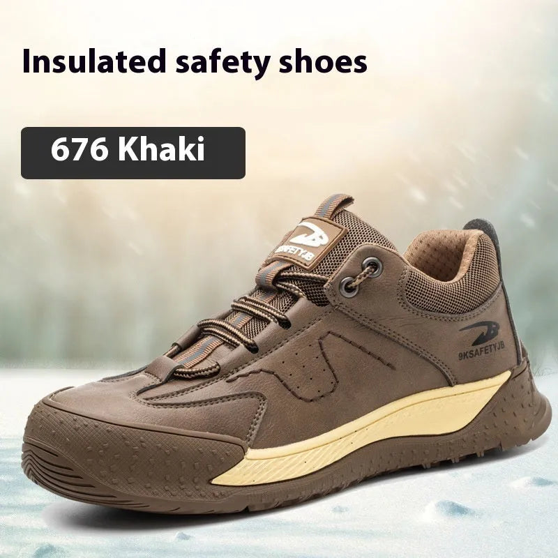 Leather Flyknit safety work shoes in black, brown, grey, or khaki with a rubber sole