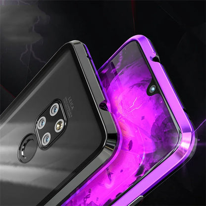 Magnetic phone case with 9H tempered glass back and metal frame for Huawei smartphones in black, blue, red, or white