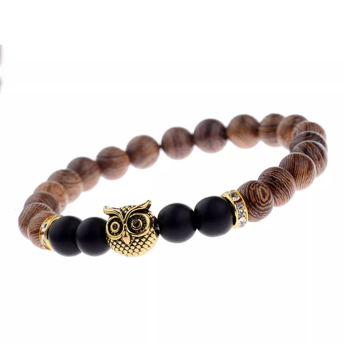 Owl frosted stone lifeline wood grain bracelet in black and gold, featuring wood beads and alloy stone