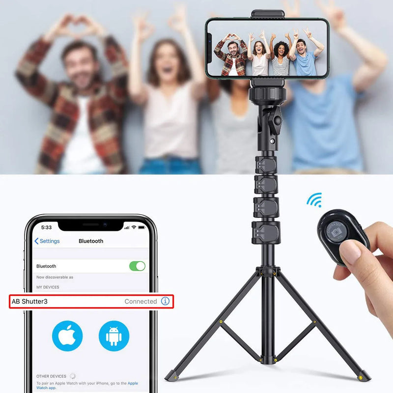 Aluminium alloy selfie stick tripod with 5-section telescopic design, compatible with Apple iPhones, extends from 45cm shrink height, featuring universal 12-25mm pipe diameter mounting and available in black colour.