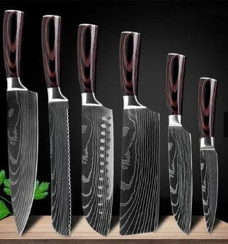 Premium 8-Piece Stainless Steel Chef Knife Set with Elegant Damascus Pattern Blades and Ergonomic Handles