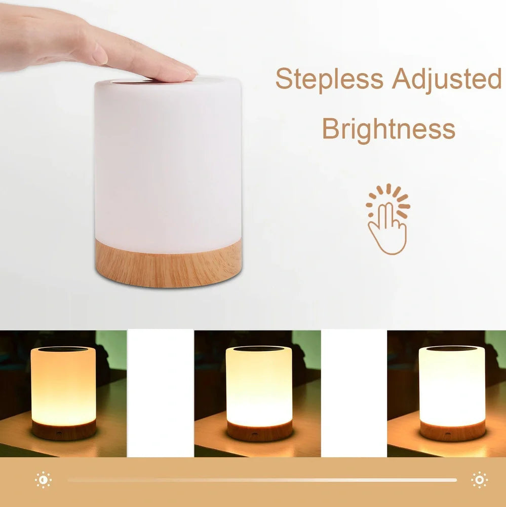 Wood grain finish LED night light showing touch control interface and compact 95mm by 120mm dimensions