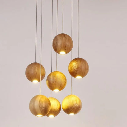 Nordic wood ball chandelier with adjustable height showing wood construction and spherical design