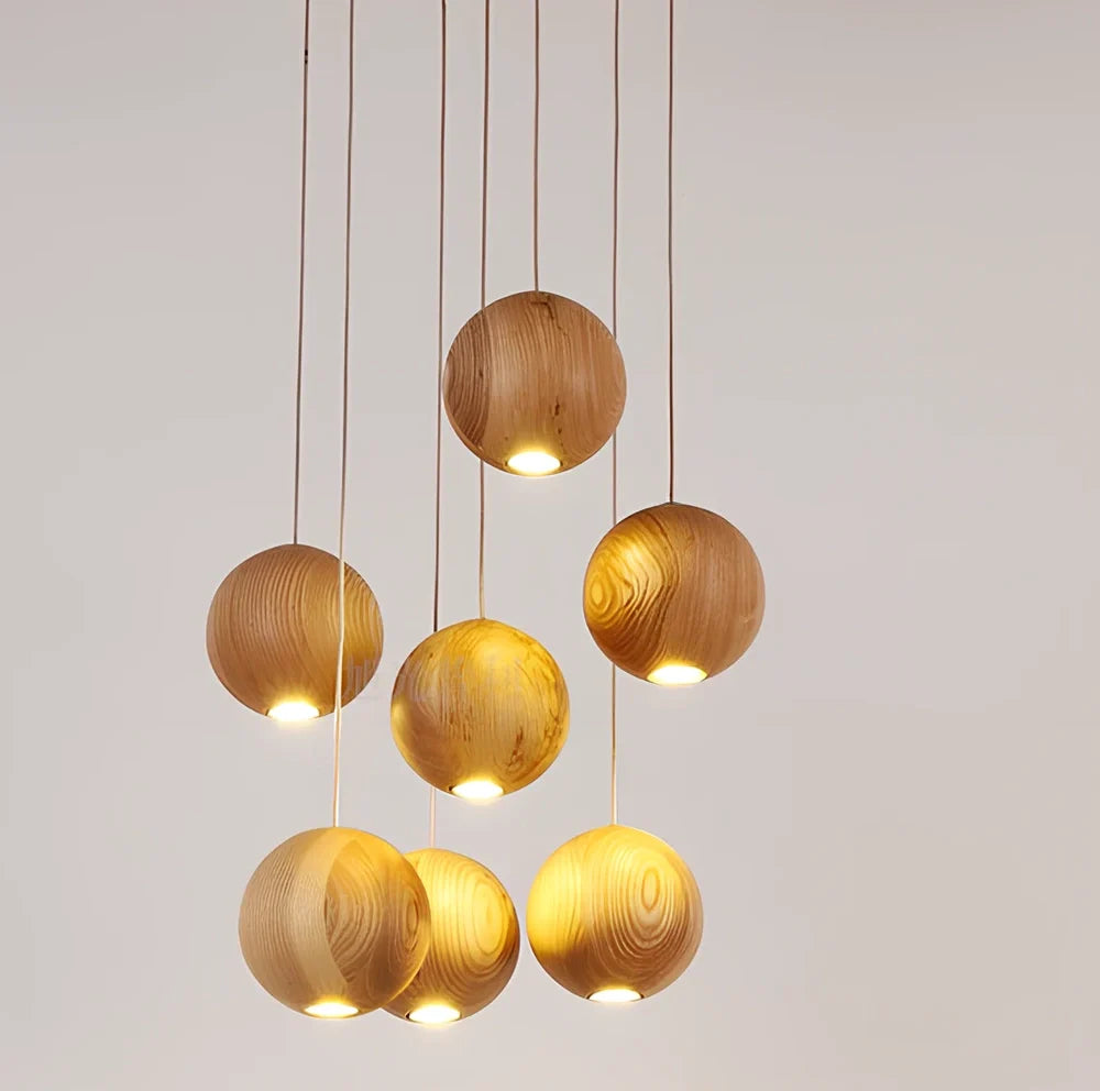 Nordic wood ball chandelier with adjustable height mechanism and solid wood construction
