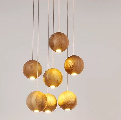 Nordic wood ball chandelier with adjustable height mechanism and solid wood construction