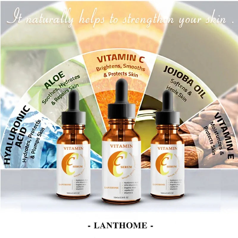 10ml bottle of Vitamin C Hyaluronic Acid facial serum for anti-aging and brightening.