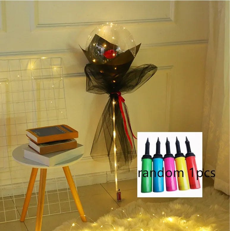Transparent LED luminous balloon rose bouquet with artificial flowers and illuminated lights