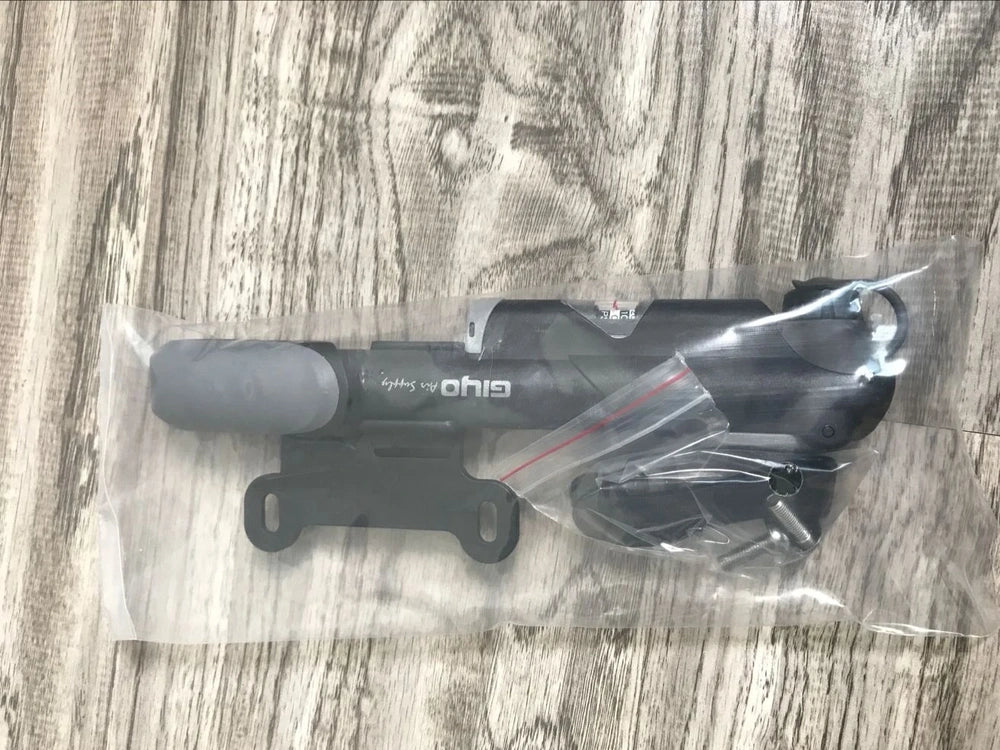 Black portable bicycle mini pump with pressure gauge, T-shaped handle, measuring 235mm long