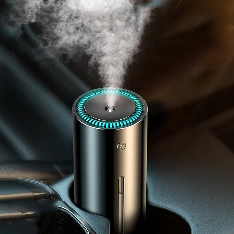 Black car diffuser humidifier with aluminium alloy casing, USB port, and less than 1-litre capacity