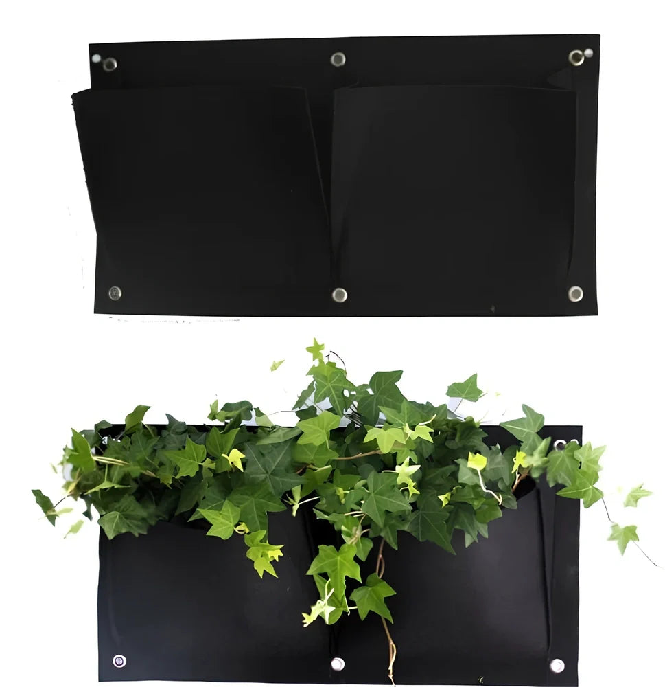 Vertical wall garden planting bag with 18 pockets hanging on outdoor wall with growing herbs