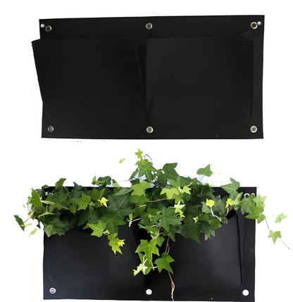 Vertical wall garden planting bag with 18 pockets hanging on outdoor wall with growing herbs