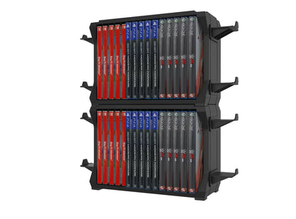 Black PS5 and Xbox Series X disc holder with game cartridge slots and four controller handle storage