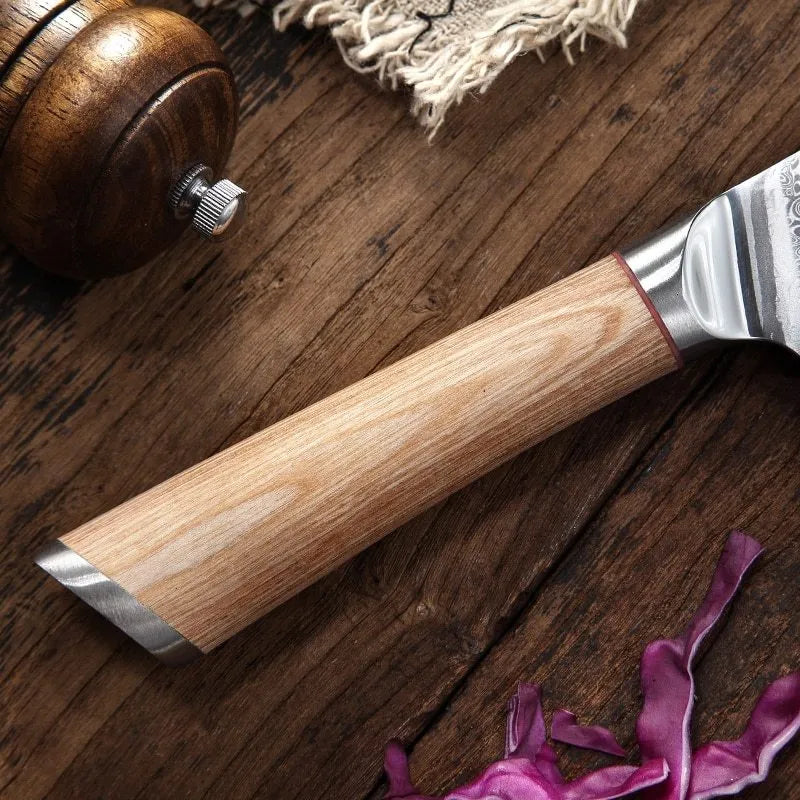 Damascus pattern kitchen knife set with eight stainless steel blades in various sizes