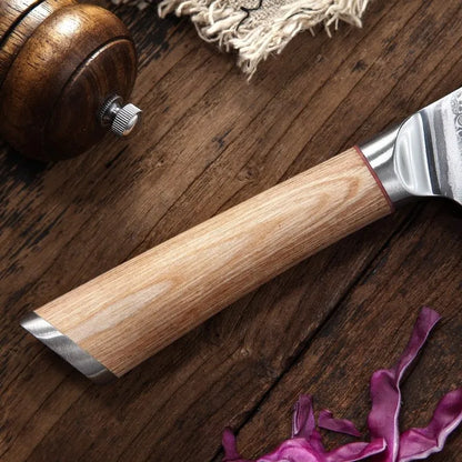 Damascus pattern kitchen knife set with eight stainless steel blades in various sizes