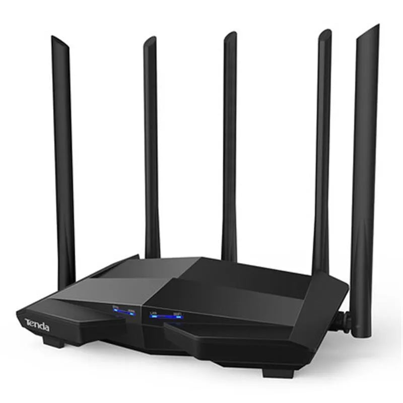 Black AC11 wireless router showing four Gigabit ports and measuring 220x141.5x49mm