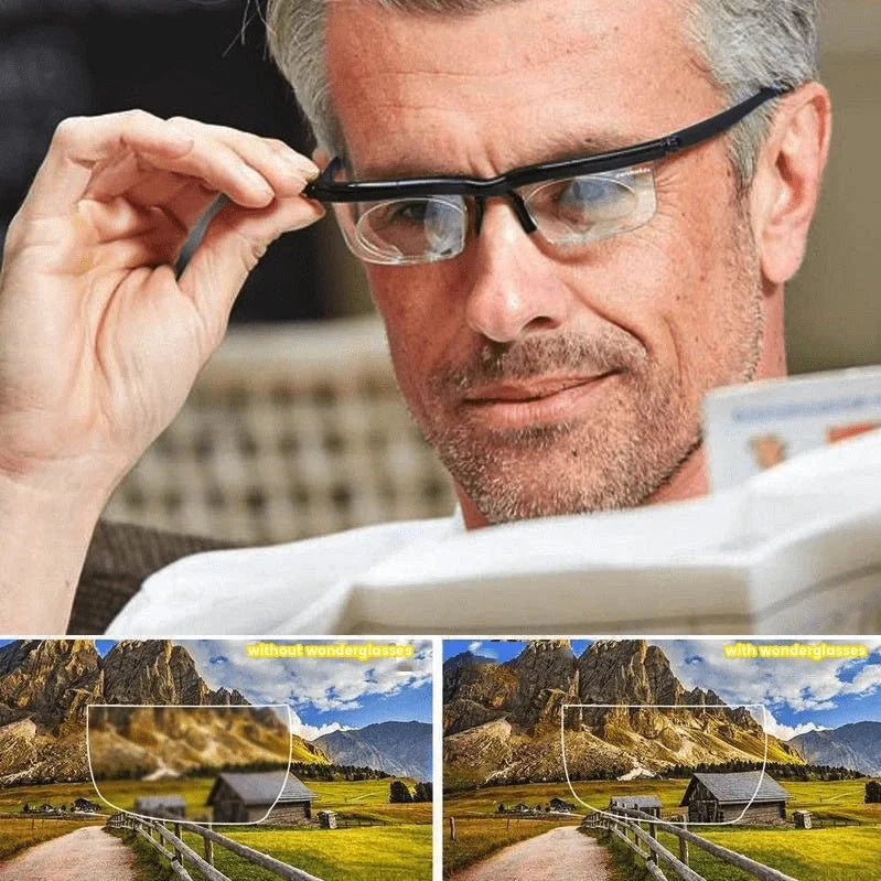 Adjustable Focus Sight Glasses with black and transparent frames and polycarbonate lenses