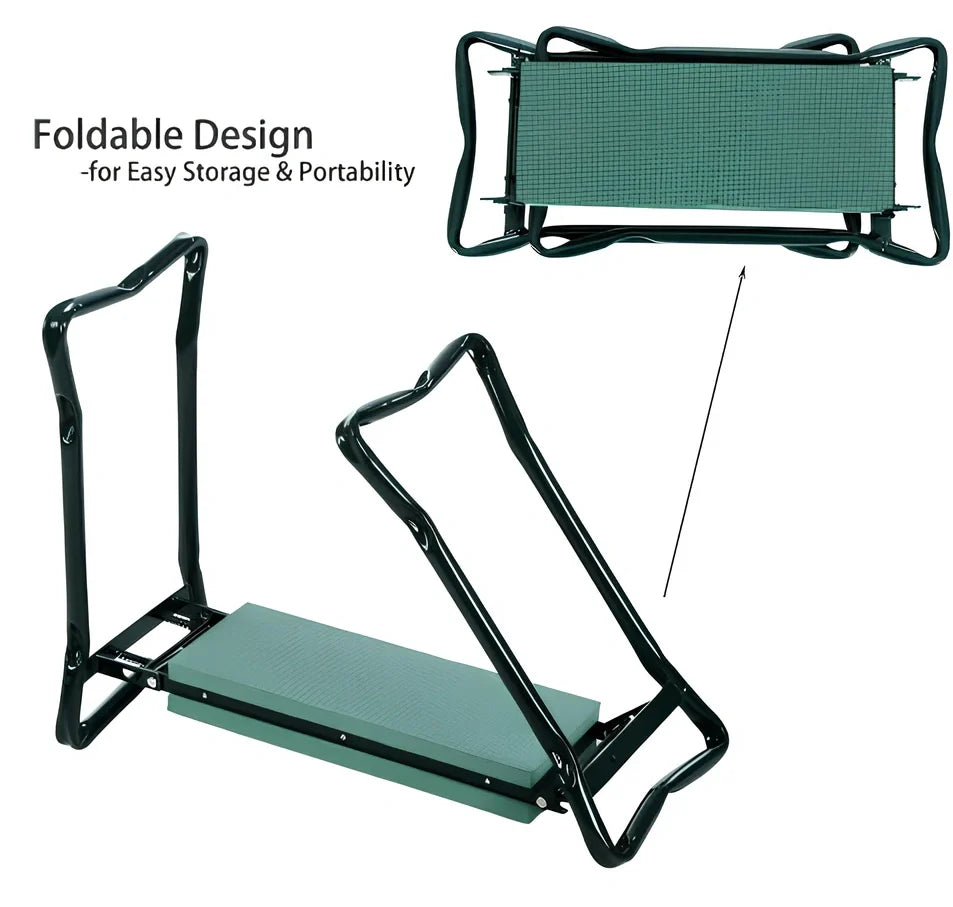 Green foldable outdoor garden bench with foam pad and side tool pouch