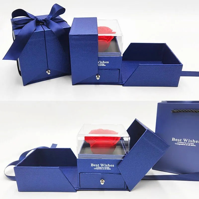 Blue jewellery gift box with plastic eternal flower decoration for Valentine's Day accessories storage