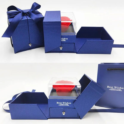 Blue jewellery gift box with plastic eternal flower decoration for Valentine's Day accessories storage