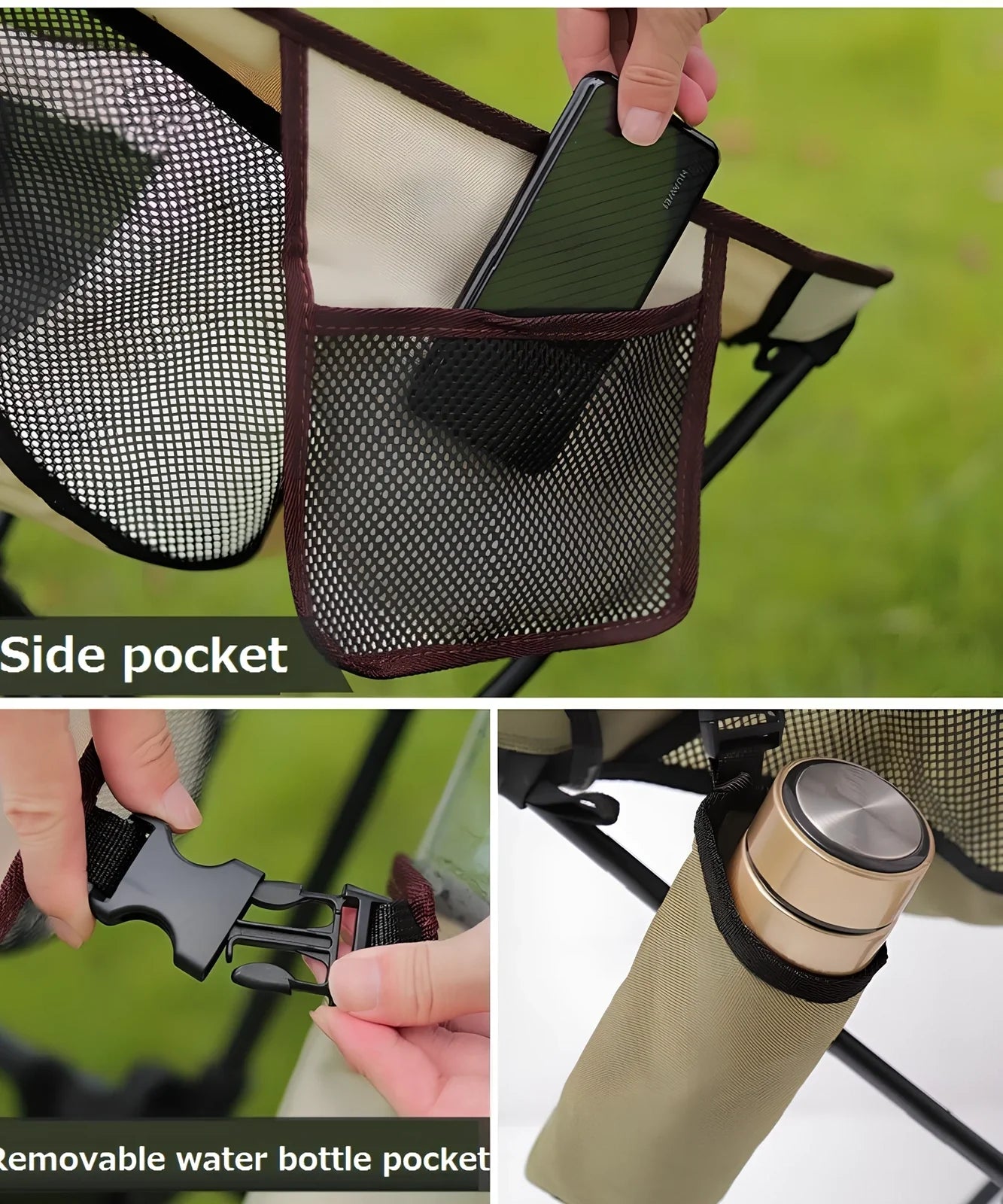 Army green outdoor folding chair with adjustable backrest and legs in reclined position on grass