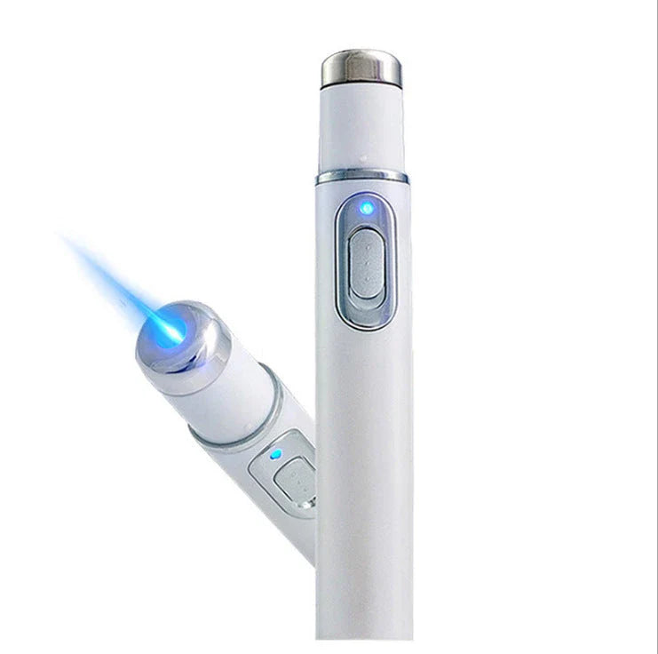 Portable blue light therapy acne and wrinkle remover pen with white body and blue light