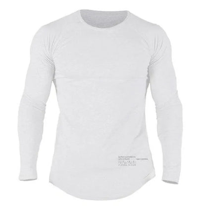 Men's long sleeve cotton fitness T-shirt in black, grey, khaki and white, sizes M to 2XL with size chart