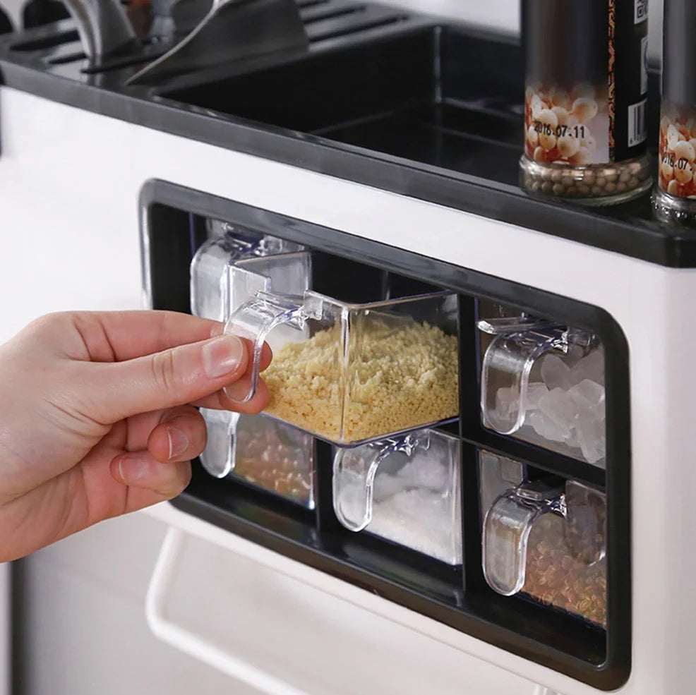 White wall-mounted plastic storage jar with pull-out transparent drawers for seasonings and kitchen utensils, dimensions 43.5cm x 16.7cm x 15.7cm