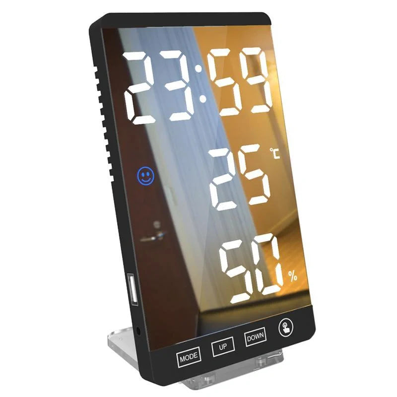 Multifunctional LED mirror alarm clock displaying time, temperature, and humidity