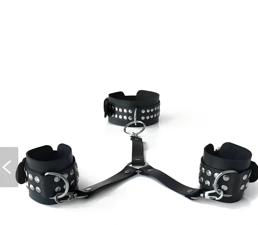 Black leather backhand neckcuffs showing adjustable 40-48cm neck strap and 20-25cm wrist connectors