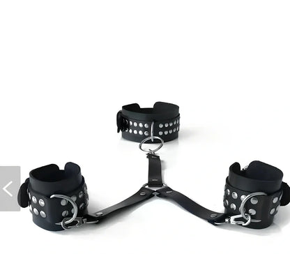 Black leather backhand neckcuffs showing adjustable 40-48cm neck strap and 20-25cm wrist connectors