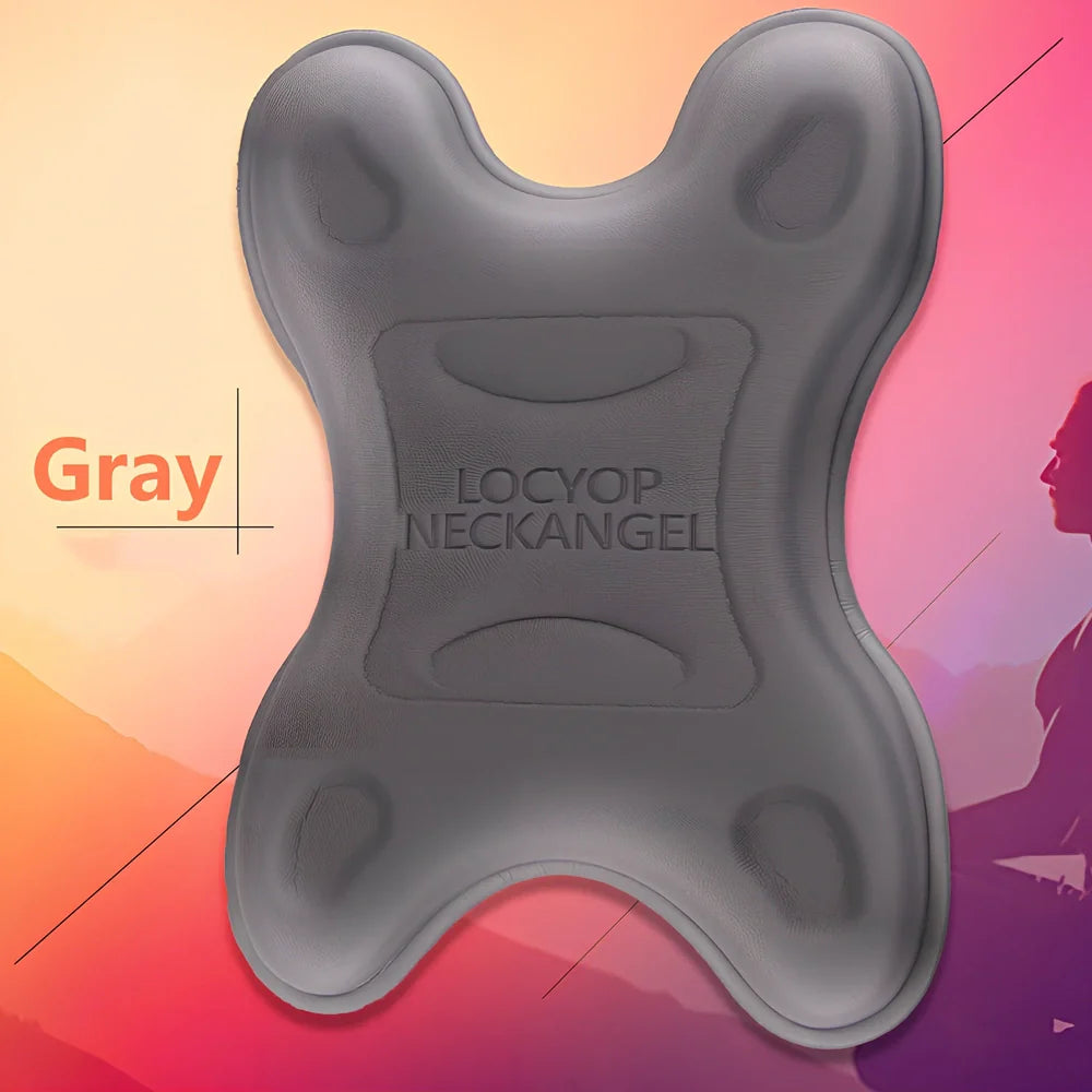 Red and grey EVA foam neck stretcher massager showing ergonomic curvature for cervical spine support