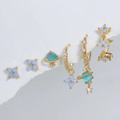 Gold and silver flower ear studs with zircon mosaic detailing, Japanese Korean style design