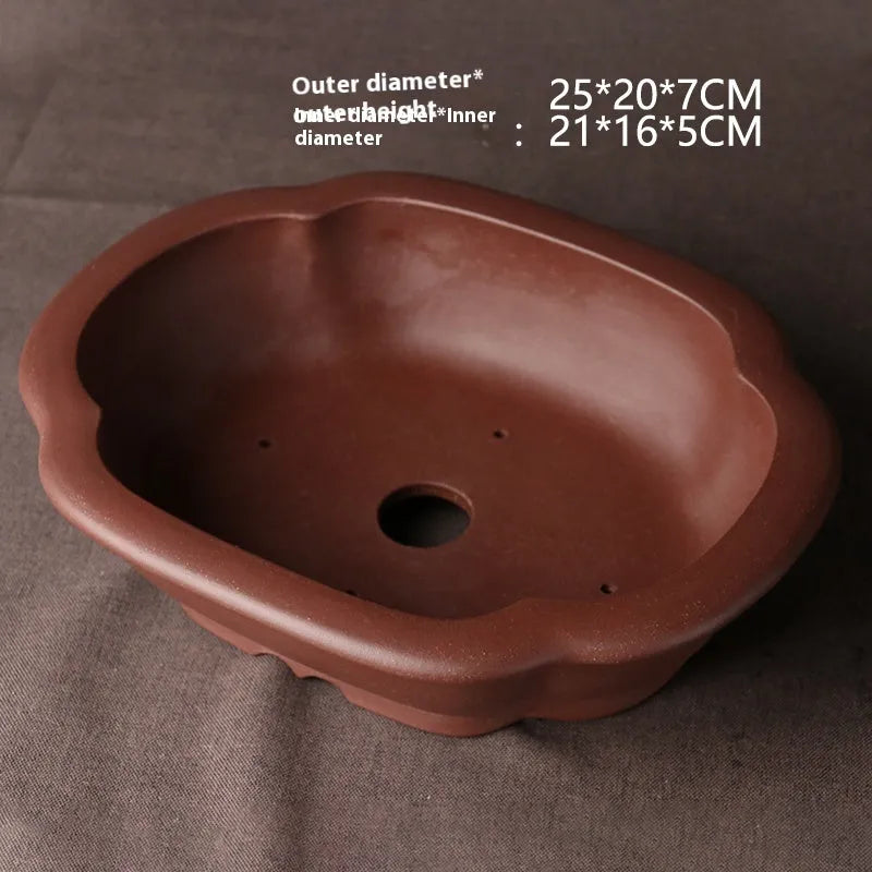 Handmade rectangular purple clay bonsai basin with classical Chinese design, measuring 25cm by 20cm by 7cm