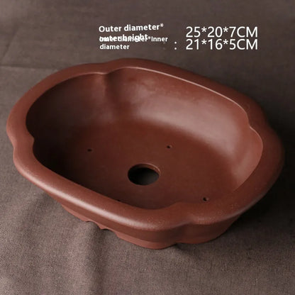 Handmade rectangular purple clay bonsai basin with classical Chinese design, measuring 25cm by 20cm by 7cm