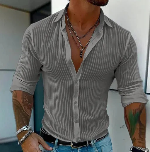 Men's striped British style cardigan shirt in polyester flat mop cloth fabric