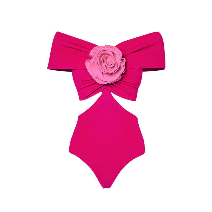 Floral patterned hollow-out one-piece swimsuit with a matching skirt on a white background.