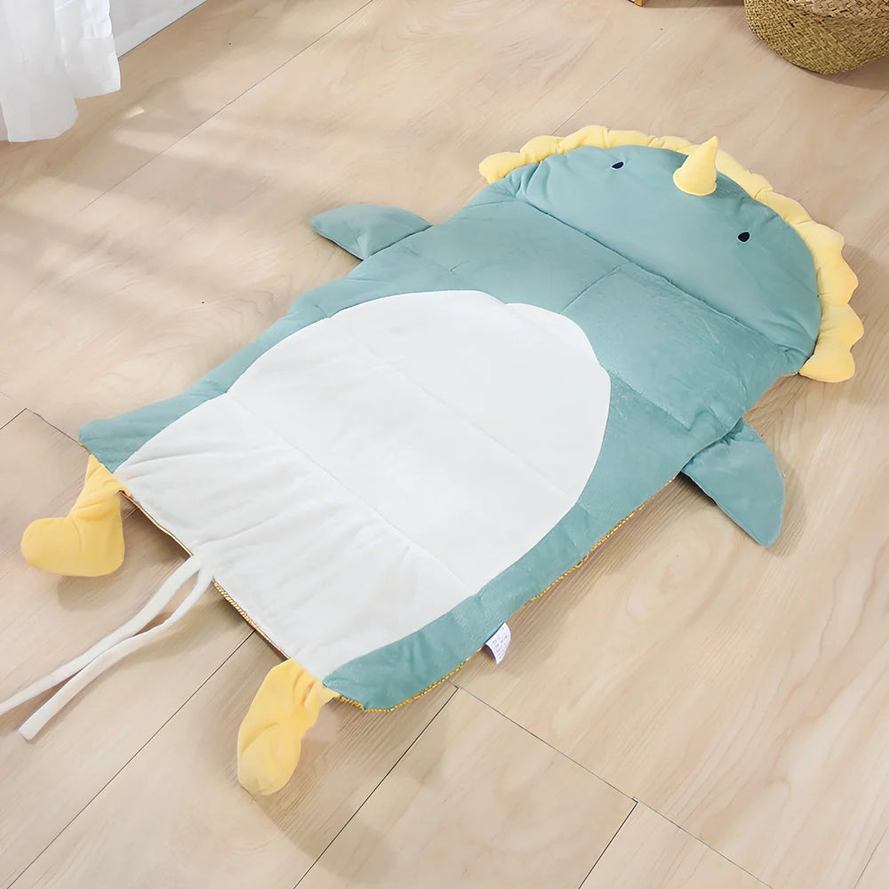 Detachable cooling cat bed with ice pad in white duck pattern, showing separate components and reinforced stitching