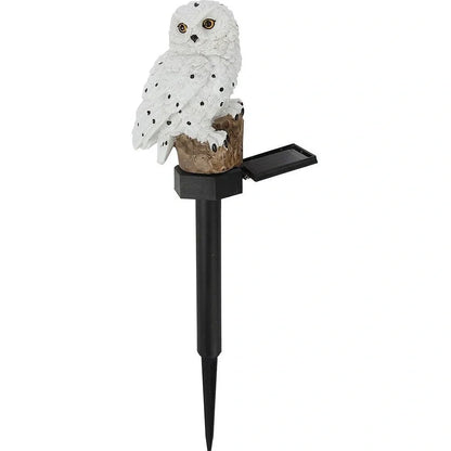 Solar owl garden light with realistic design standing 45cm tall, featuring LED illumination and solar panel