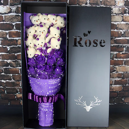 Handmade plush toy bouquet with 11 cartoon bears and chiffon roses in presentation box