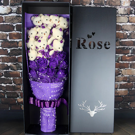 Handmade plush toy bouquet with 11 cartoon bears and chiffon roses in presentation box