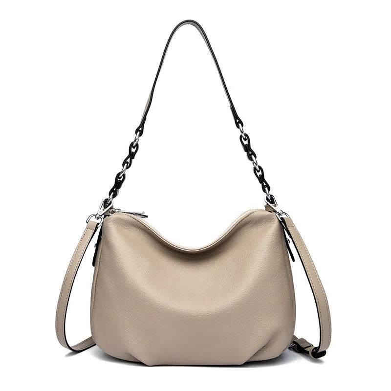 Genuine leather women's crossbody shoulder bag 30x8x21cm in apricot, black, or gray with double strap