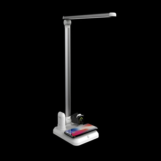 Black and white 4-in-1 LED desk lamp with wireless charging pad and Bluetooth speaker