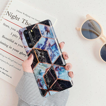 Electroplated marble mobile phone case in various colours for Huawei and Samsung models, showing slim TPU back cover design