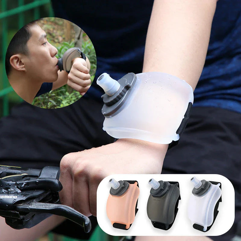 Hands-free sports water bottle with silicone mouthpiece and wrist strap for cycling, running, and other fitness activities