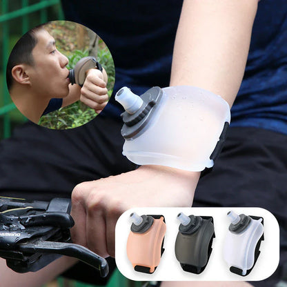 Hands-free sports water bottle with silicone mouthpiece and wrist strap for cycling, running, and other fitness activities