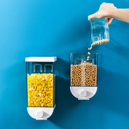 White wall mounted transparent food storage container with easy press cereal dispenser mechanism