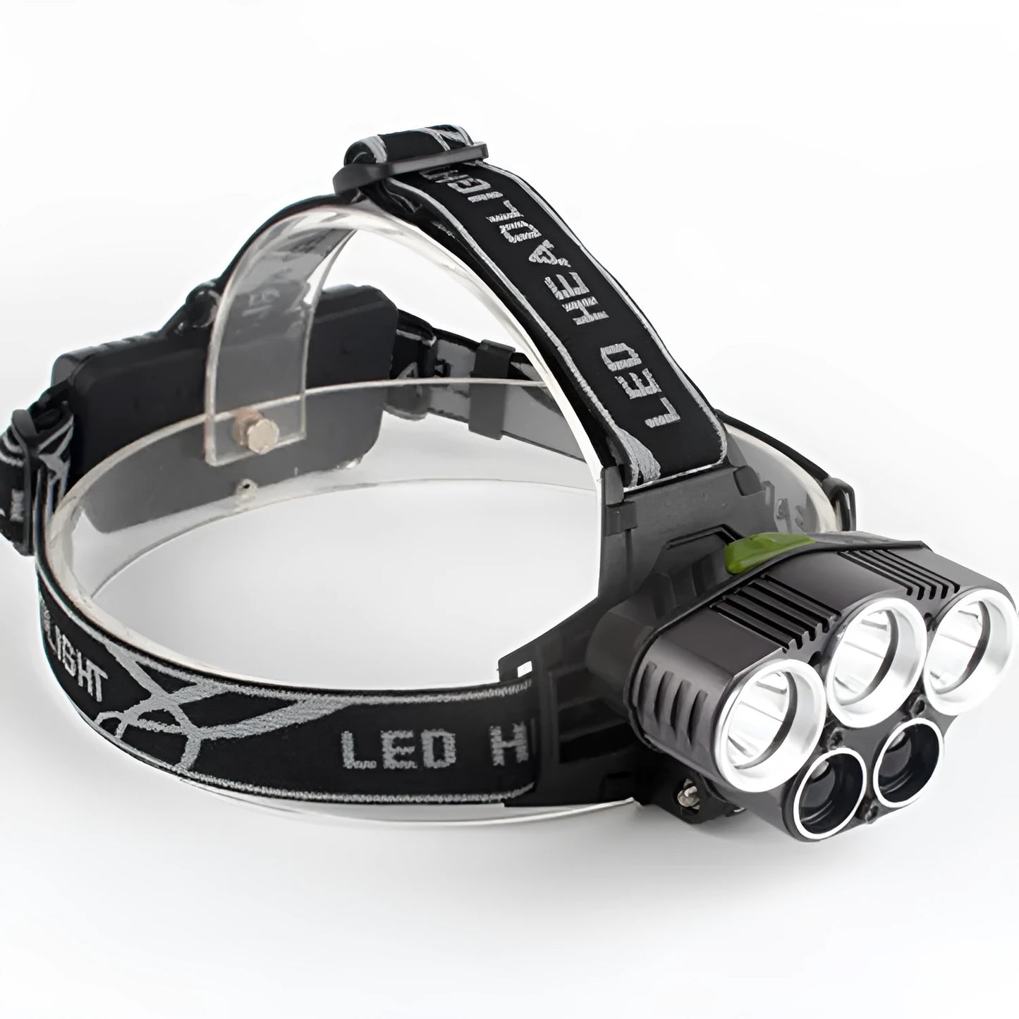 Fixed focus head torch for camping with long-range LED beam, shown with charger.