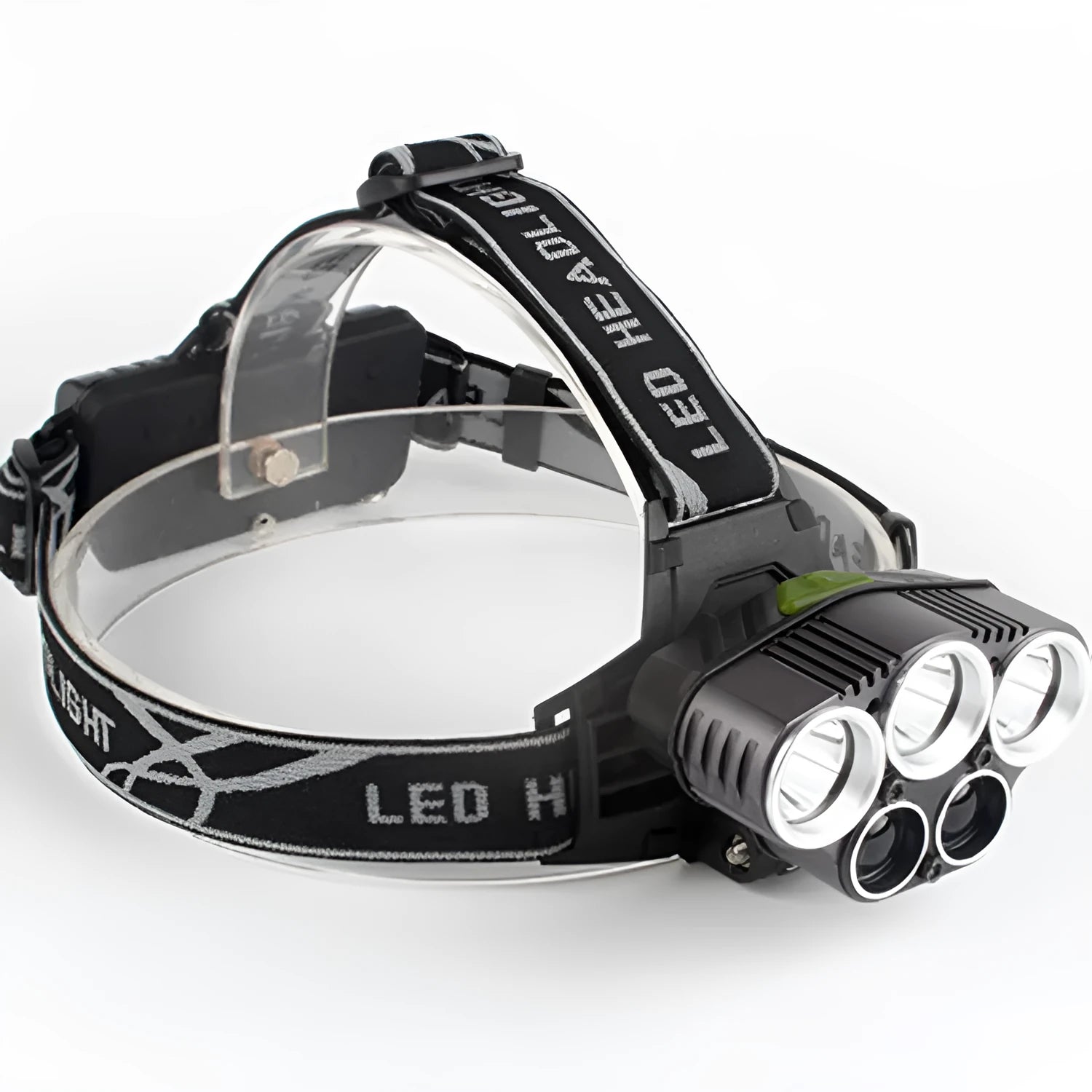 Fixed focus head torch for camping with long-range LED beam, shown with charger.